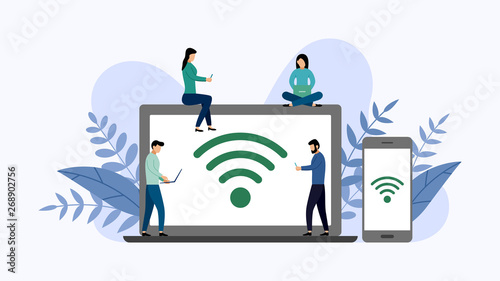 Public free wifi hotspot zone wireless connection, business concept vector illustration.