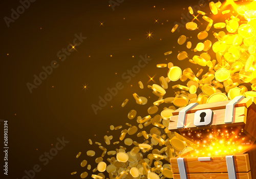 Open chest with gold, Falling from the top a lot of coins.