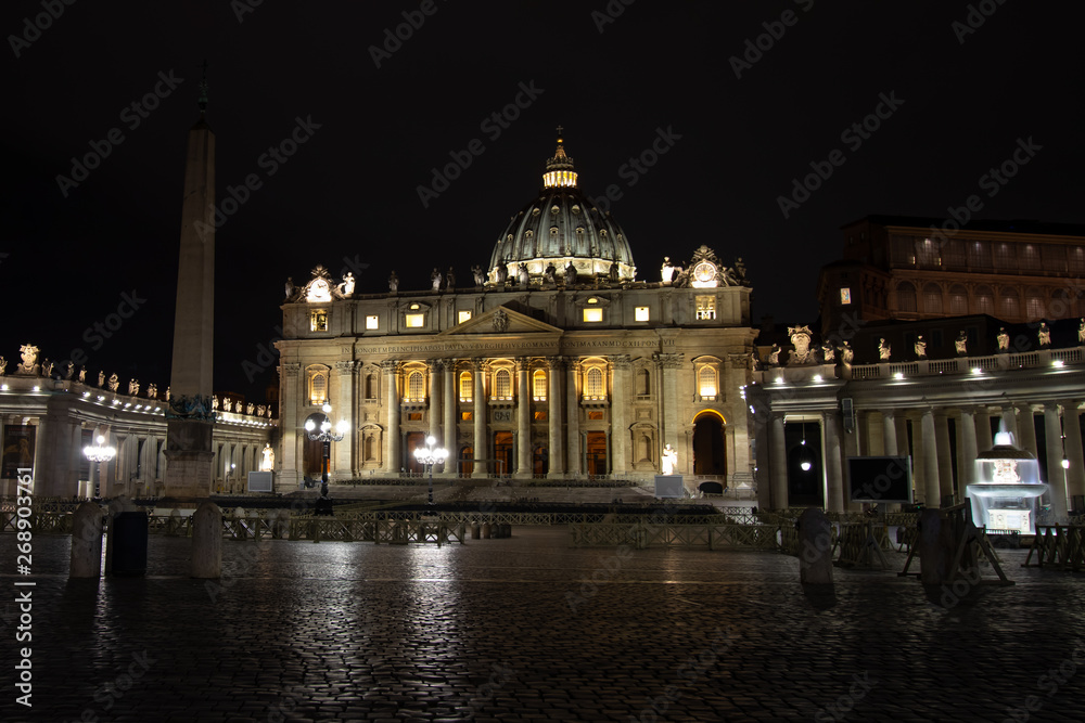 St. Peter's Square and St. Peter's Basilica in Vatican City at night
