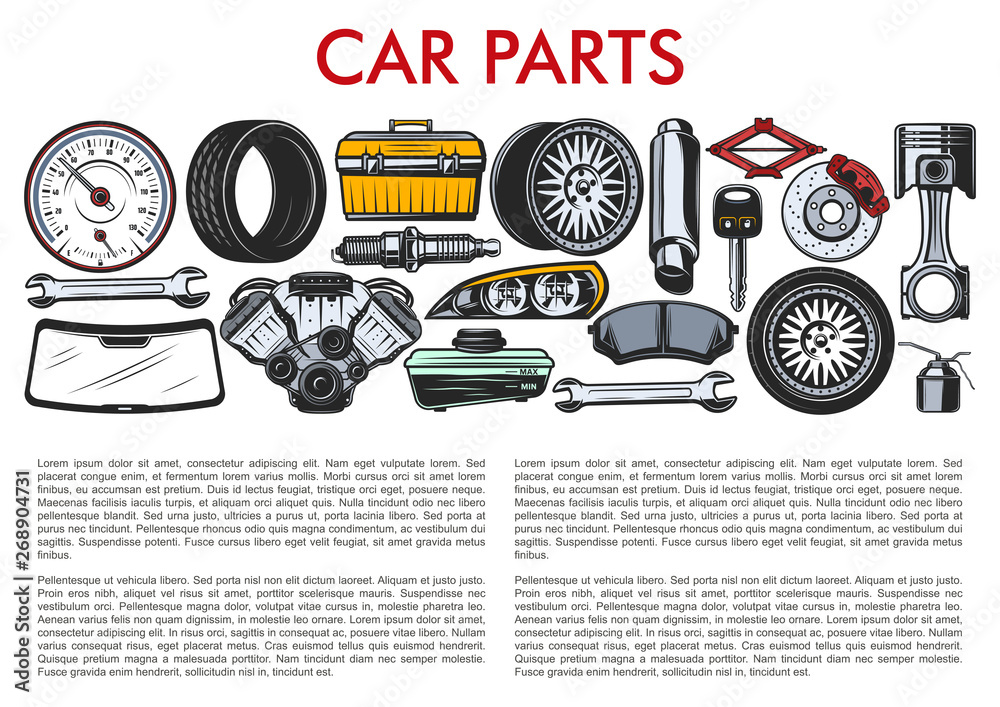 Car parts and automobile service mechanic tools