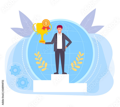 Happy smiling office worker winner businessman standing on podium and holding golden cup. Vector flat graphic design isolated illustration
