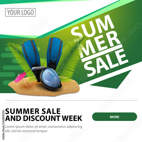 Summer sale, modern stylish square web banner for advertising and promotion of your business with diving mask, fins and palm leaves
