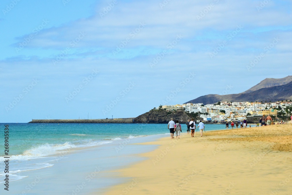 Picuresque Jandia Playa (beach) at the Atlantic Ocean, on the island of Fuerteventura in the Morro Jable village 