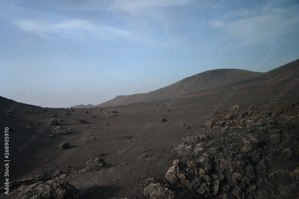Panorama view of unique volcanic landscape of Timanfaya National Park, Lanzarote, Canary island. 