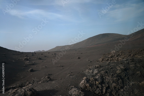 Panorama view of unique volcanic landscape of Timanfaya National Park, Lanzarote, Canary island. 