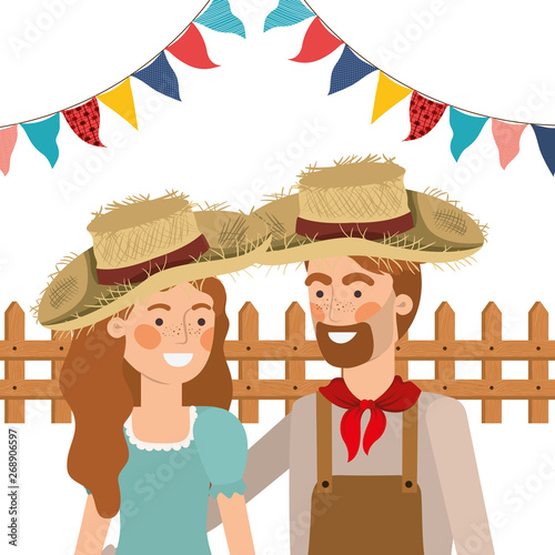 farmers couple talking with straw hat