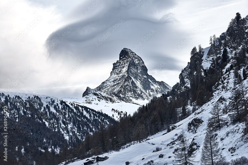 Winter Matterhorn view from the Swiss village Zermatt