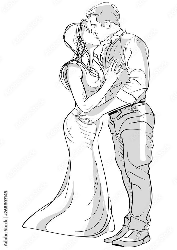 line art set of romantic couple hugging illustration vector hand