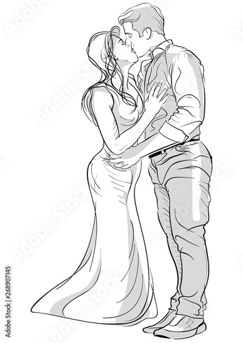 Romantic Kissing and Hugging Couple Drawing - Black and White Hand Drawn Illustration, Vector Graphic
