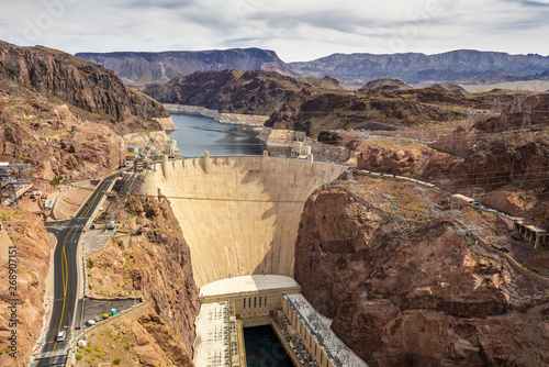 Hoover Dam in the Black Canyon of the Colorado River, on the border between the U.S. states of Nevada and Arizona photo