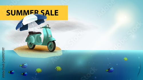 Summer sale, horizontal sea web banner with scooter with a beach umbrella