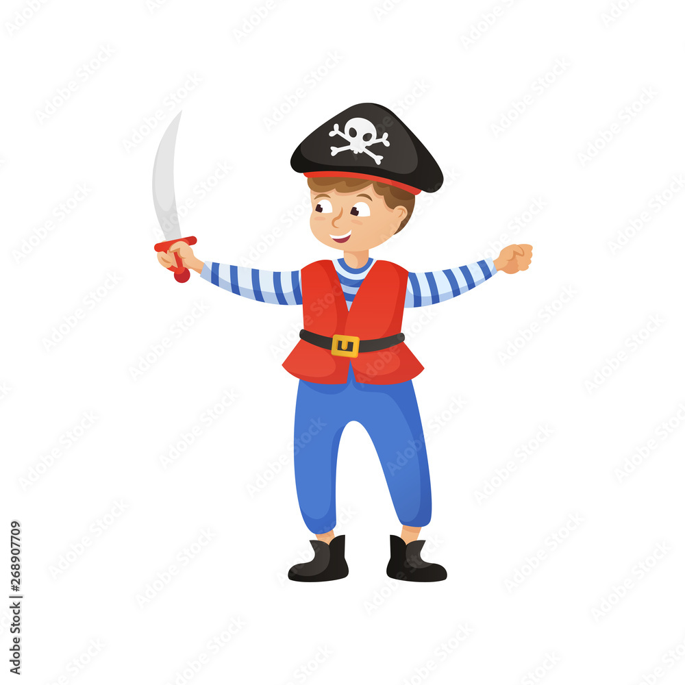 Cute smiling boy in pirate costume with black hat
