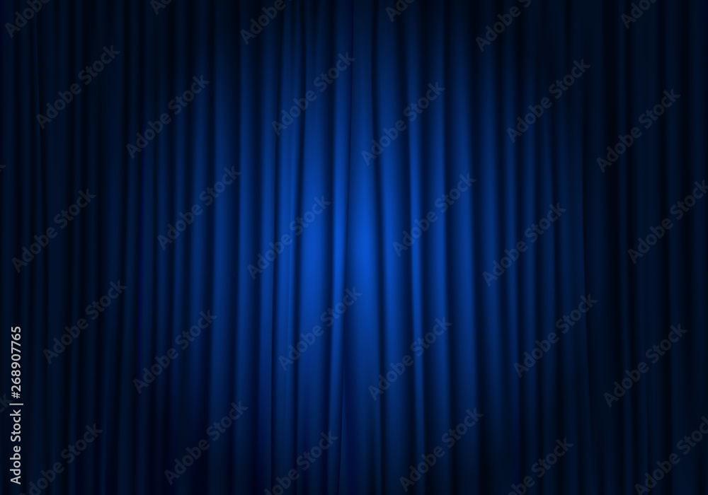 Spotlight on stage curtain. Closed blue curtain background. Theatrical drapes. - obrazy, fototapety, plakaty 