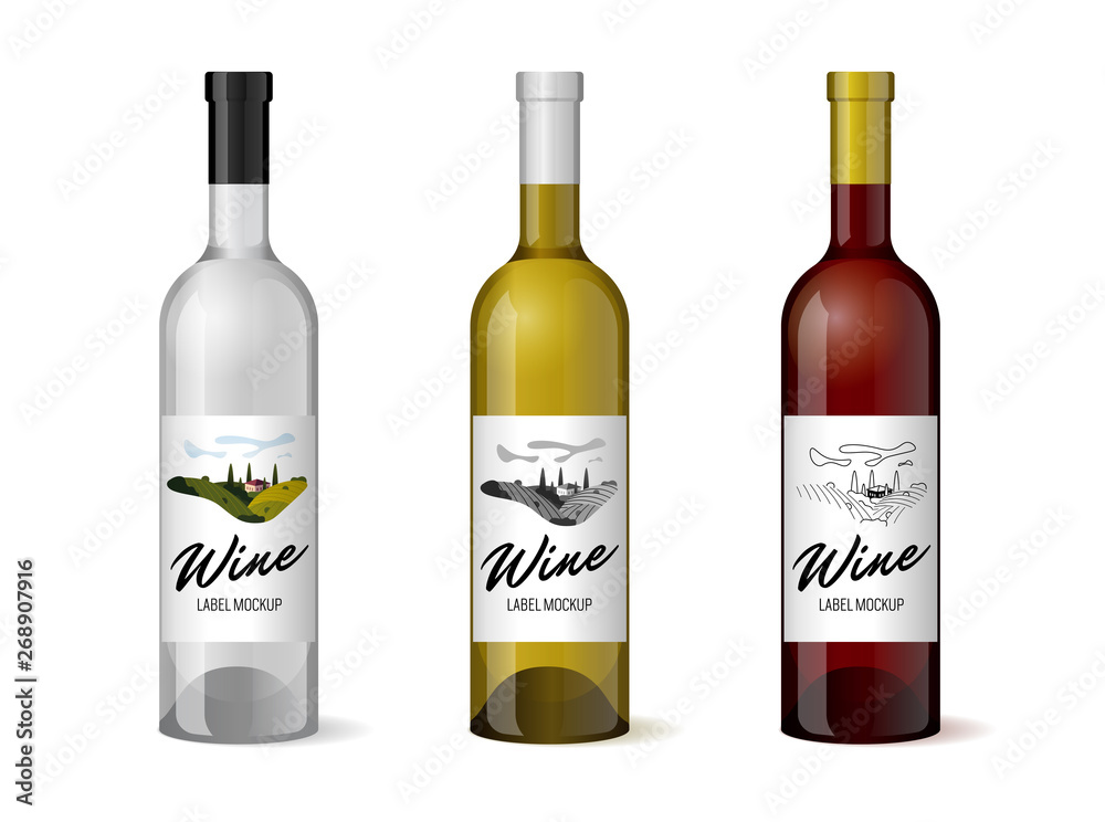 Wine realistic 3d bottle with hand-drawn label retro vintage design template set. Vineyard wine grapes hills farm emblem. Monochrome romantic rural landscape, white on black. Vector Wine realistic 3d bottle with hand-drawn label retro vintage design template set. Vineyard wine grapes hills farm emblem. Monochrome romantic rural landscape, white on black. Vector
