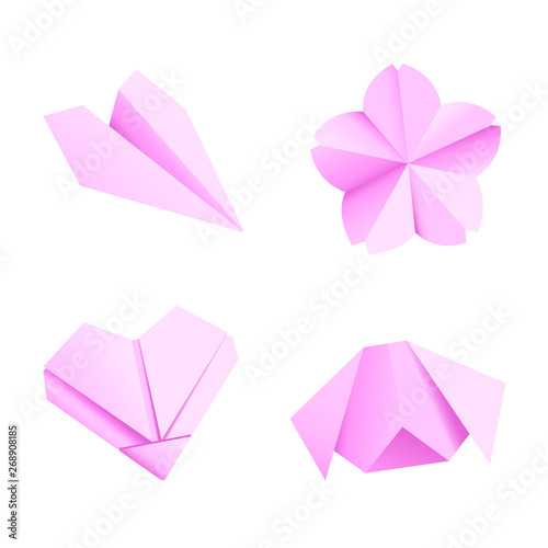 spring pink set of origami elements: pig, heart, sakura flower and plane. In vector. Isolated