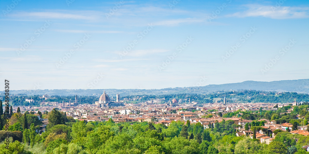 Florence cityscape panorama view from Fiesole hill. On background, on the left, Palazzo Vecchio (Old Palace) and Duomo Cathedral (Tuscany - Italy)