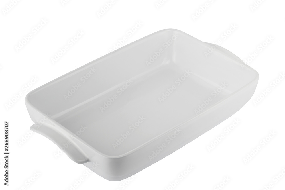 White ceramic baking dish with handles isolated on white background White ceramic baking dish with handles isolated on white background