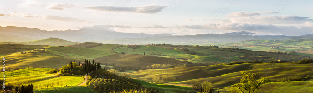 hills and fields of Val d'Orcia in Tuscany at sunrise