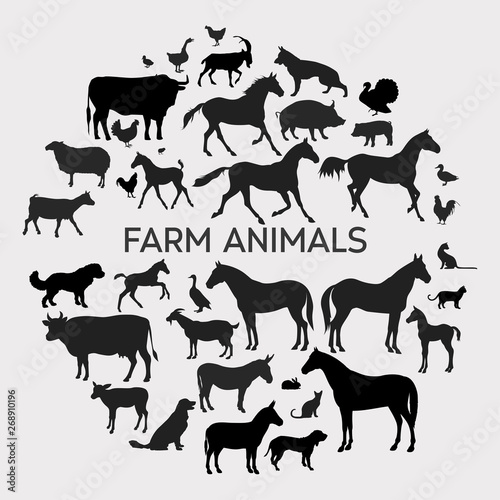 Vector farm animals silhouettes isolated on white. Livestock and poultry icons. Rural landscape with trees, plants and farm