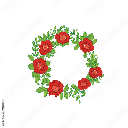 Red flower wreath and green foliage. Thank you card, birthday card, congratulation card, vector illustration