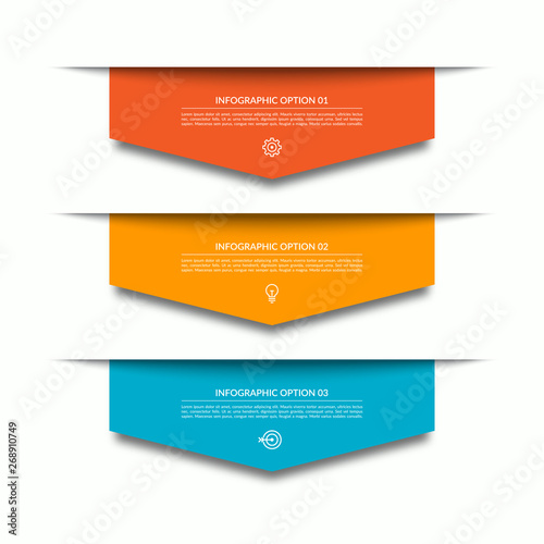 Infographic template with 3 downward colorful paper arrows. Can be used for diagram, chart, web design.