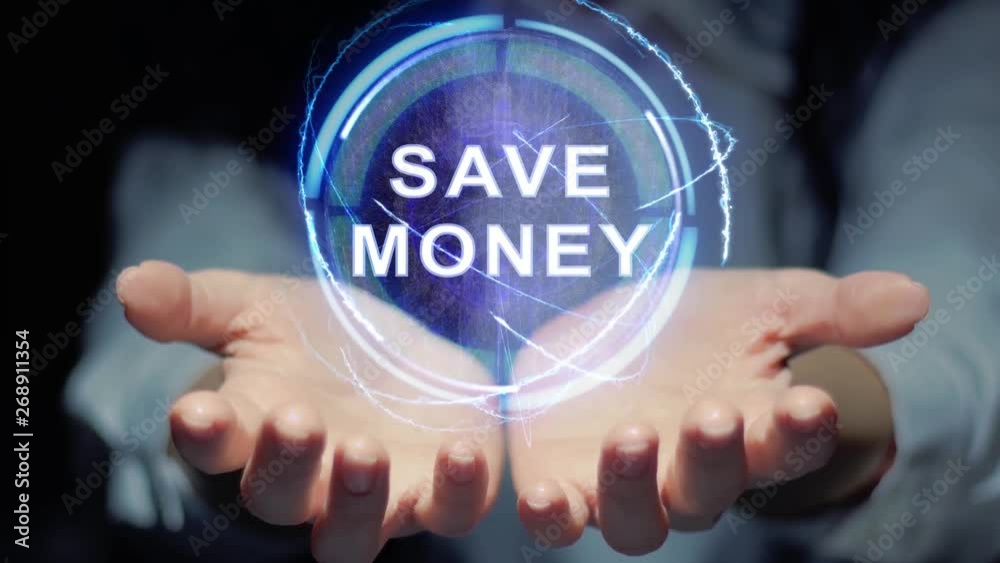 Female hands show a round conceptual hologram with text Save money. Unrecognizable woman in ashen white on a black background with future holographic technology Female hands show a round conceptual hologram with text Save money. Unrecognizable woman in ashen white on a black background with future holographic technology