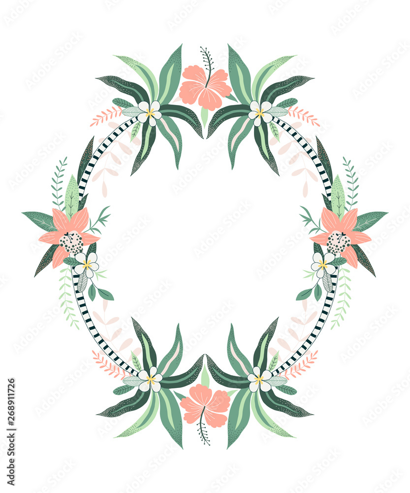 Exotic Tropical symmetrical frame with Orchid flowers leaves Palm. Jungle Rainforest Wildlife inspired illustration background for card invitation quote writing print
