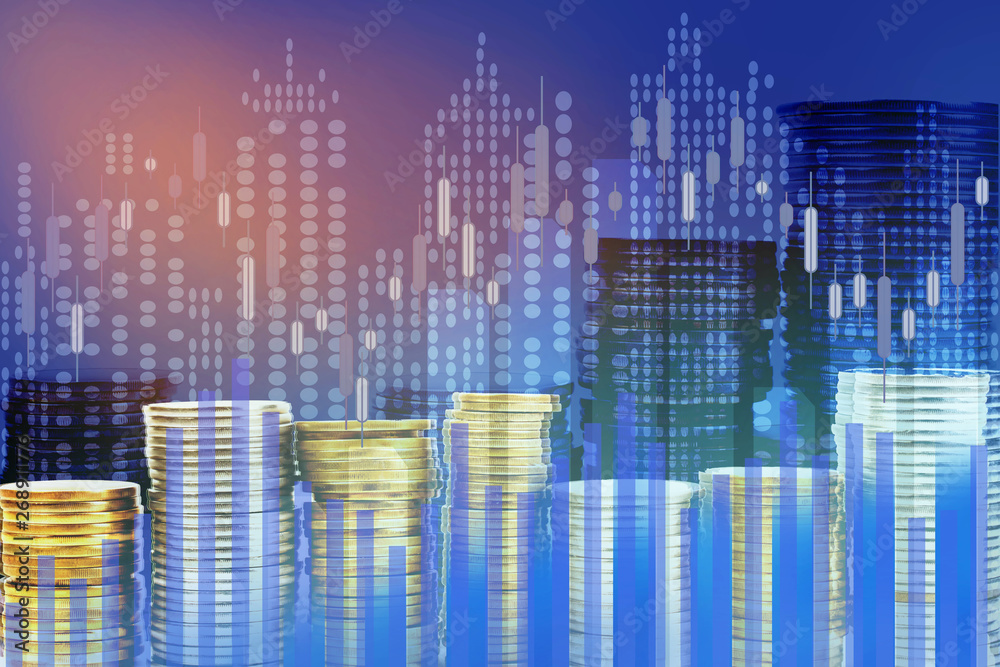 Obraz premium Double exposure of city, Stock market and graph on rows of coins for finance and banking , investments, trading, chart, Digital economy concept.