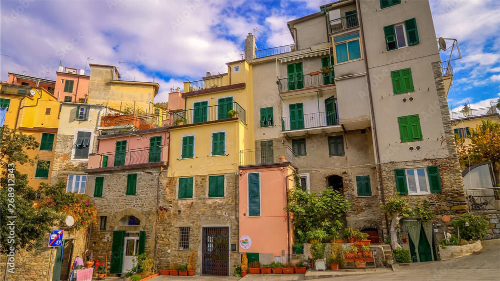 Colorful apartment houses in the Cinque Terre village of Corniglia in the province of La Spezia