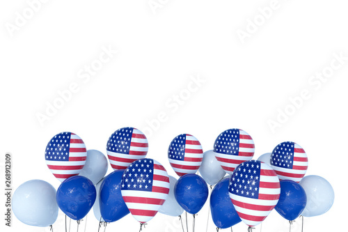4th July Independence day USA celebration. Balloons with United States of America Flag and national colors on white background.Copy space for text-3d render