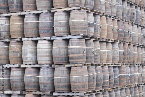 Wooden oak barrel stack for whisky distillery