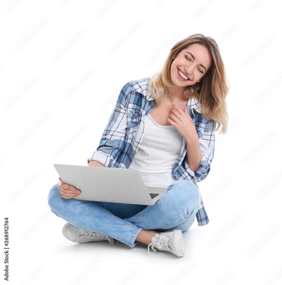 Naklejka premium Woman using laptop for video chat isolated on white