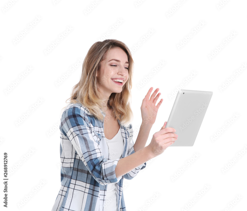 Woman using tablet for video chat isolated on white Woman using tablet for video chat isolated on white