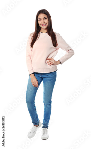 Full length portrait of pretty woman on white background