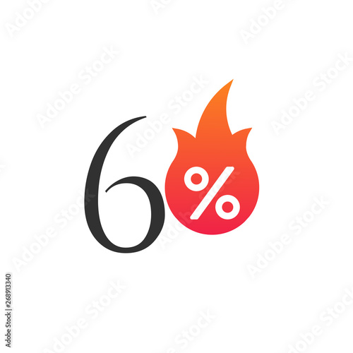 60 percent off with the flame, burning sticker, label or icon. Hot Sale flame and percent sign label, sticker. special offer, big sale, discount percent off. 