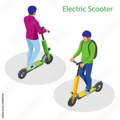Isometric Electric Scooter on the road. Electric scooter transportation you can rent for a quick ride.