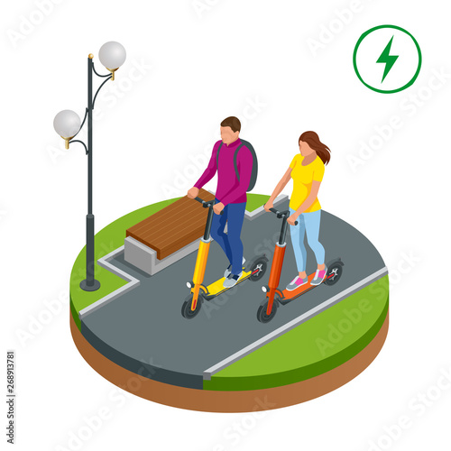 Isometric Electric Scooter on the road. Electric scooter transportation you can rent for a quick ride.