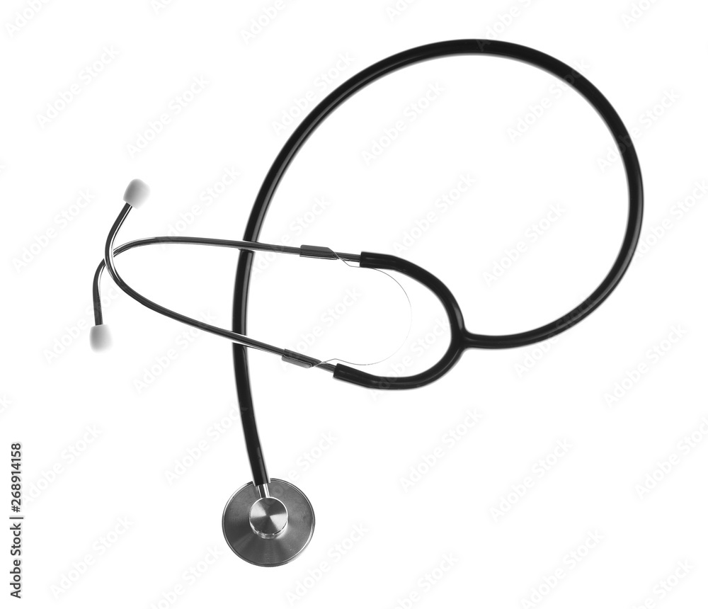 Stethoscope on white background, top view. Medical device Stethoscope on white background, top view. Medical device