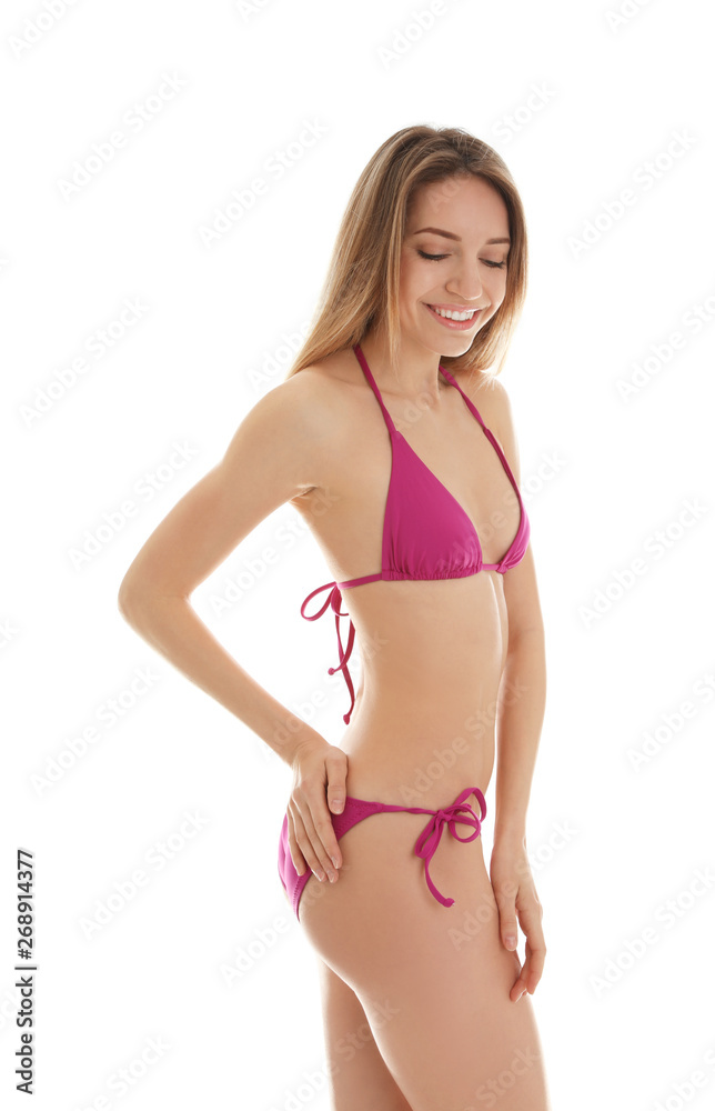 Young slim woman in bikini on white background. Perfect body Young slim woman in bikini on white background. Perfect body
