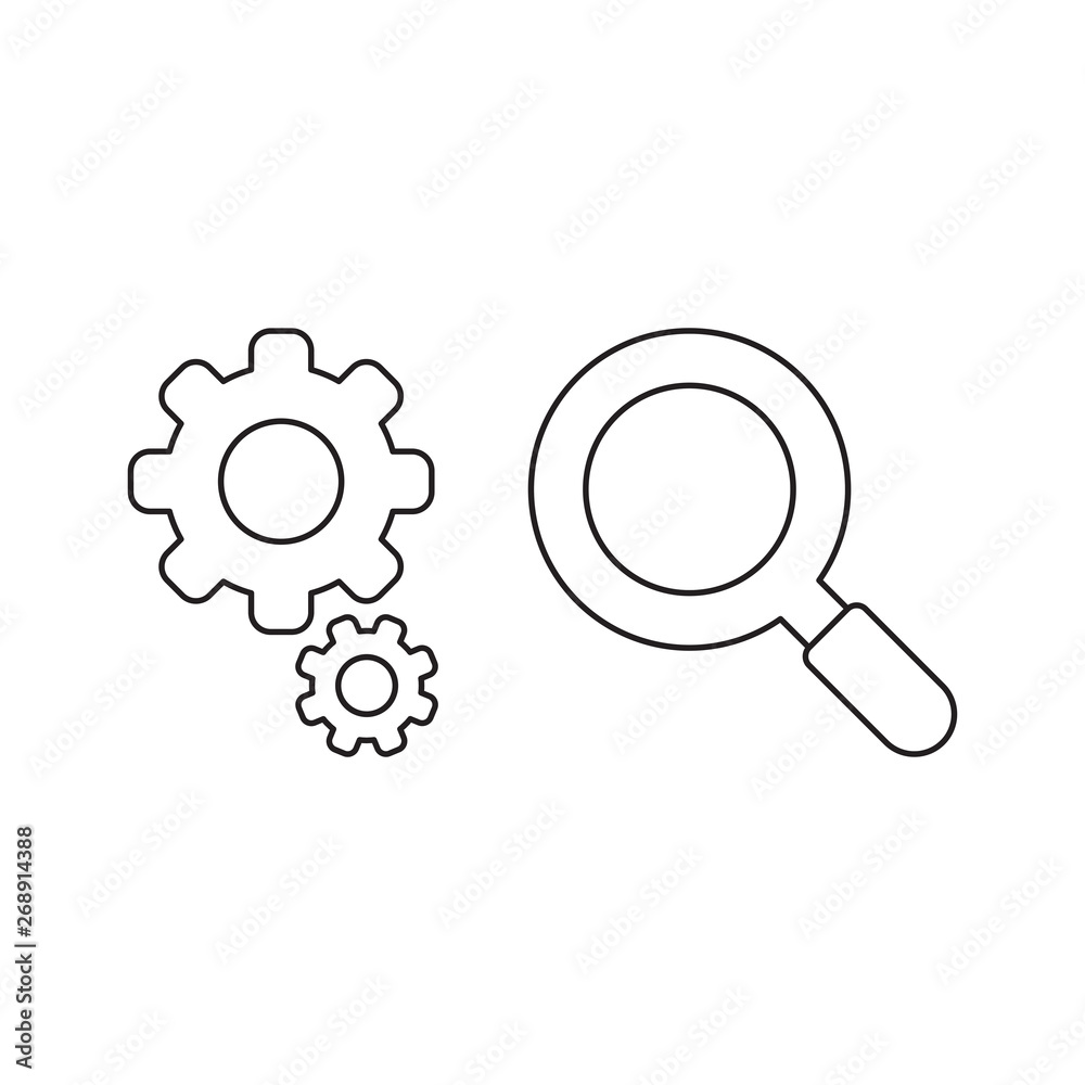 Vector icon concept of gears with magnifier. Vector icon concept of gears with magnifier.