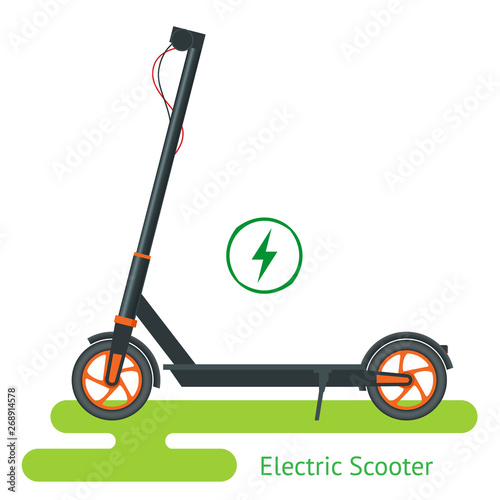 Electric Scooter on the road. Electric scooter transportation you can rent for a quick ride. Eco city transport.