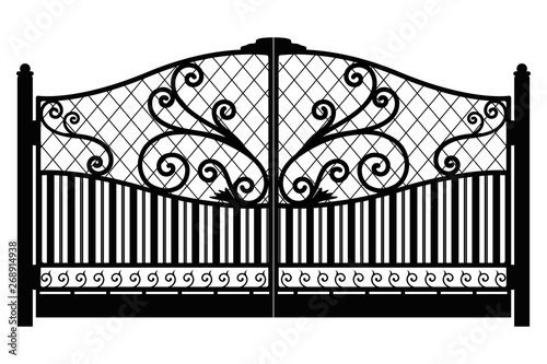 Forged gate. Architecture detail. Black forged iron gate with decorative lattice isolated on white background. Vector EPS10