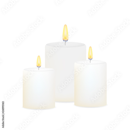 Burning candles set. Aromatic decorative round cylindrical candle sticks. Vector stock illustrtaion.