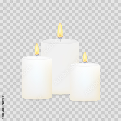 Burning candles set. Aromatic decorative round cylindrical candle sticks. Vector stock illustrtaion.