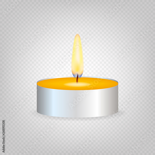 Tea candle or candle in a case. Realistic candle light or tea light flame icon. Vector stock illustration