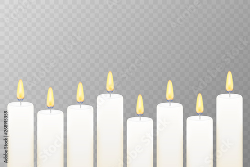 Realistic burning candle. Transparency grid. Vector stock illustration.