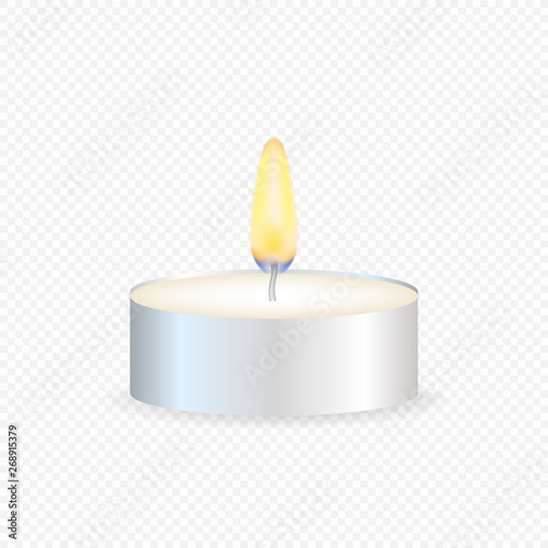 Tea candle or candle in a case. Realistic candle light or tea light flame icon. Vector stock illustration