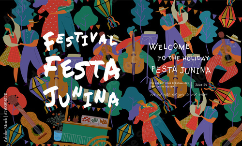 Festa Junina, Vector illustrations for poster, abstract banner, background or card for the brazilian holiday, festival, party and event, drawings of dancing cheerful people, musicians and shops