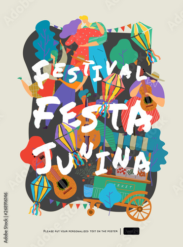 Festa Junina, Vector illustrations for poster, abstract banner, background or card for the brazilian holiday, festival, party and event, drawings of dancing cheerful people, musicians and shops