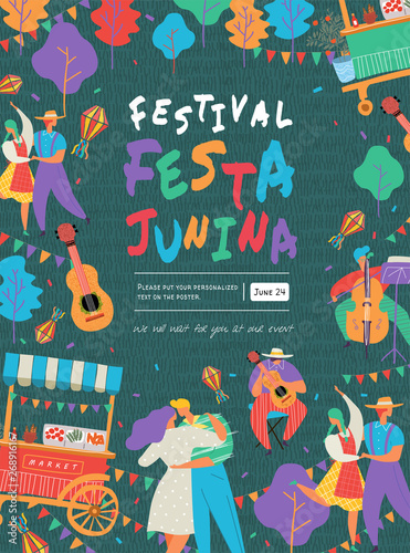 Festa Junina, Vector illustrations for poster, abstract banner, background or card for the brazilian holiday, festival, party and event, drawings of dancing cheerful people, musicians and market